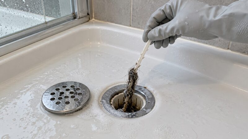 Ruka u zaštitnoj rukavici izvlači nakupljene dlake iz odvoda tuš kabine pomoću plastične trake